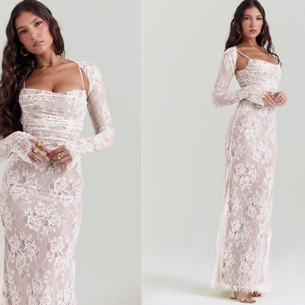 NWT HOUSE OF CB 'Artemis' Vintage Cream Lace Maxi Dress, Lace Up Back, Size M